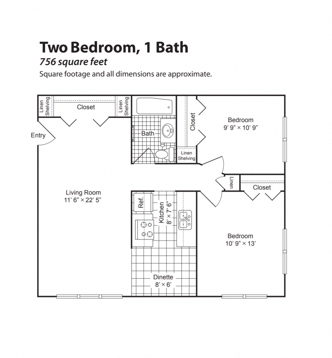 Floor plan for 2 beds, 1 bath, 755 sqft